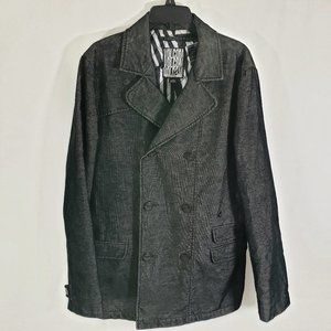 Volcom Double Breasted Corduroy Pinstripe Pea Jacket LARGE Black Polyester Fill